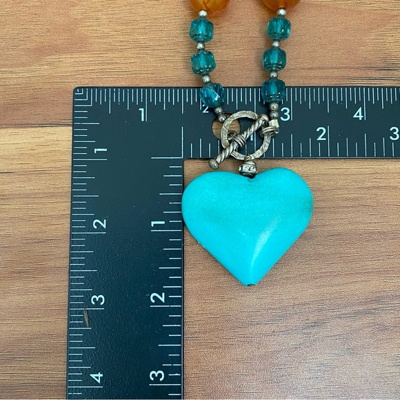Handmade Agate Stone Crystal Faux Turquoise Heart Pendant Toggle Chunky Necklace - Picture 12 of 16